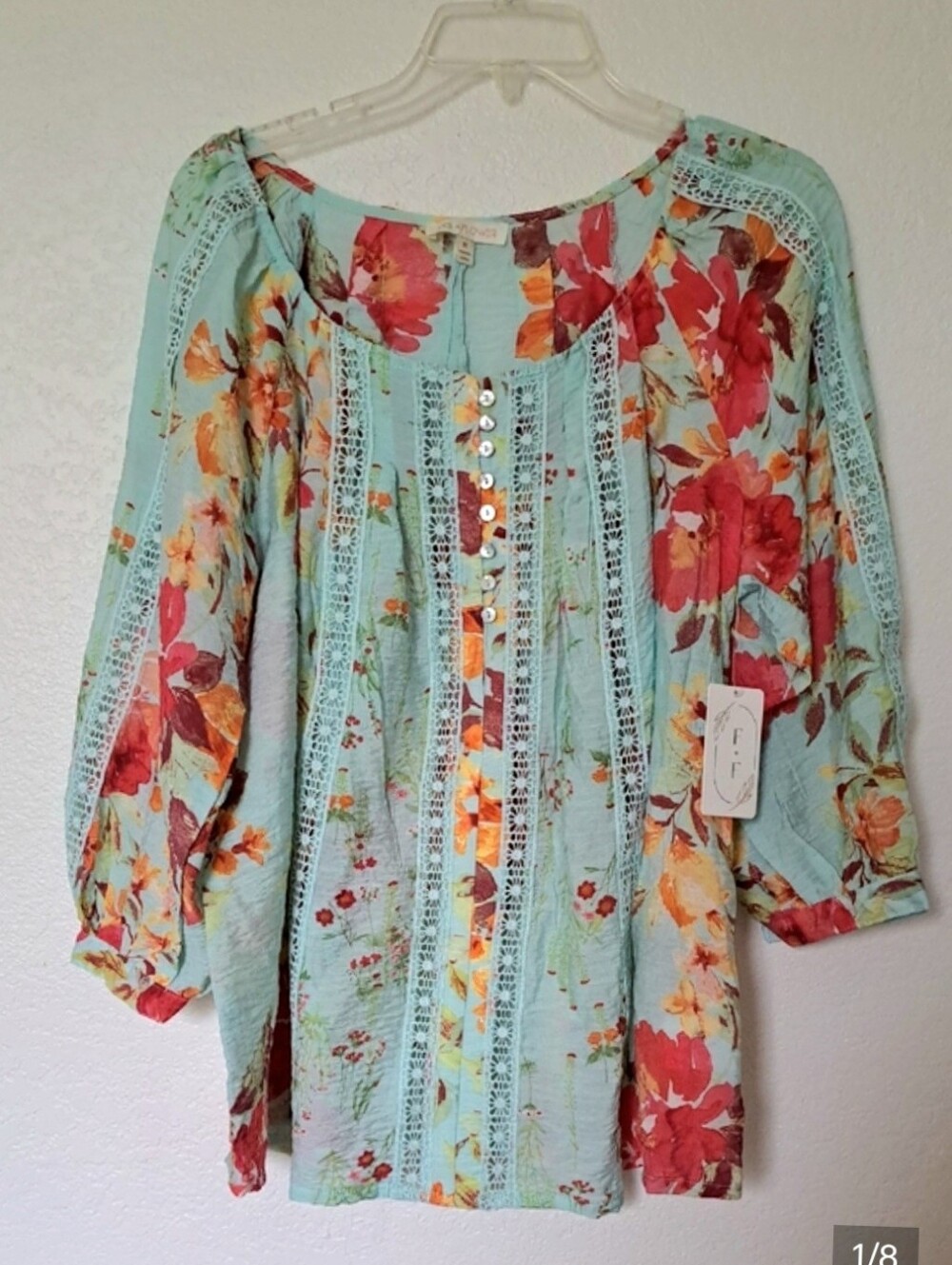 fig and flower Aqua Floral Lace-Trim Tunic Peasant Style Plus Size 1X